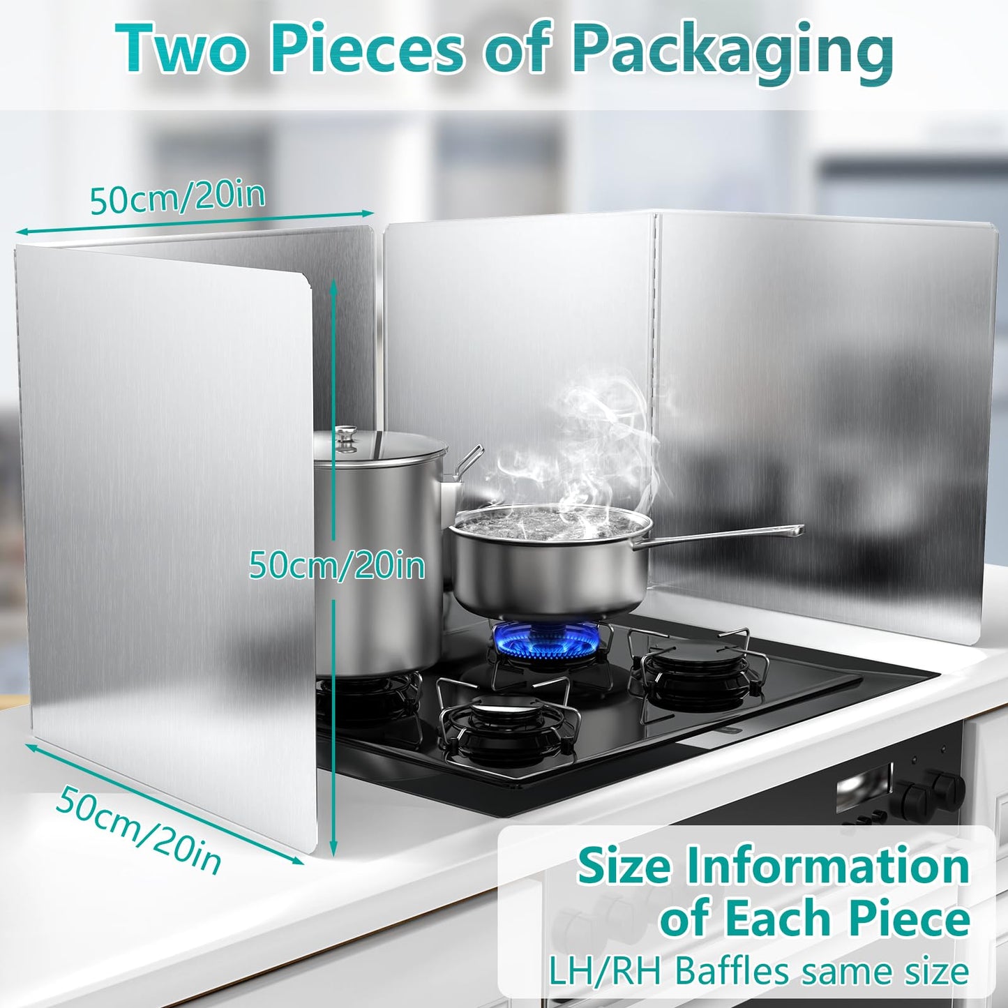 20"x20" Extra Large Kitchen Splash Back 2PCS, Heavy Duty Stainless Steel Foldable Stove Guard, Heat Resistant Easy Clean Oil Splatter Shield
