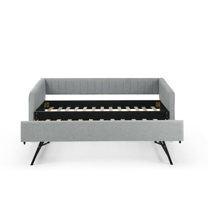 KEIKI Twin Size Upholstery Daybed with Erectable Trundle and Vertical Stripes, Twin to King Design Extendable Linen Sofa Bed, Easy Assembly, No Box Spring Required, for Living Room and Bedroom, Grey