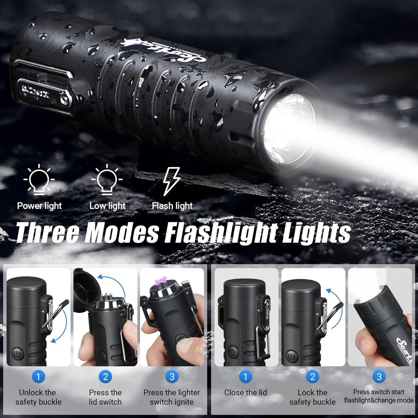 Scotte Plasma Windproof Arc Lighter Electric Lighter and LED Flashlight - 2 in 1 (Black)/5 in 1 Magnesium Fire Starter for Emergency Survival, Candle, Camping, Hiking, All Weather Magnesium Ferro Rod