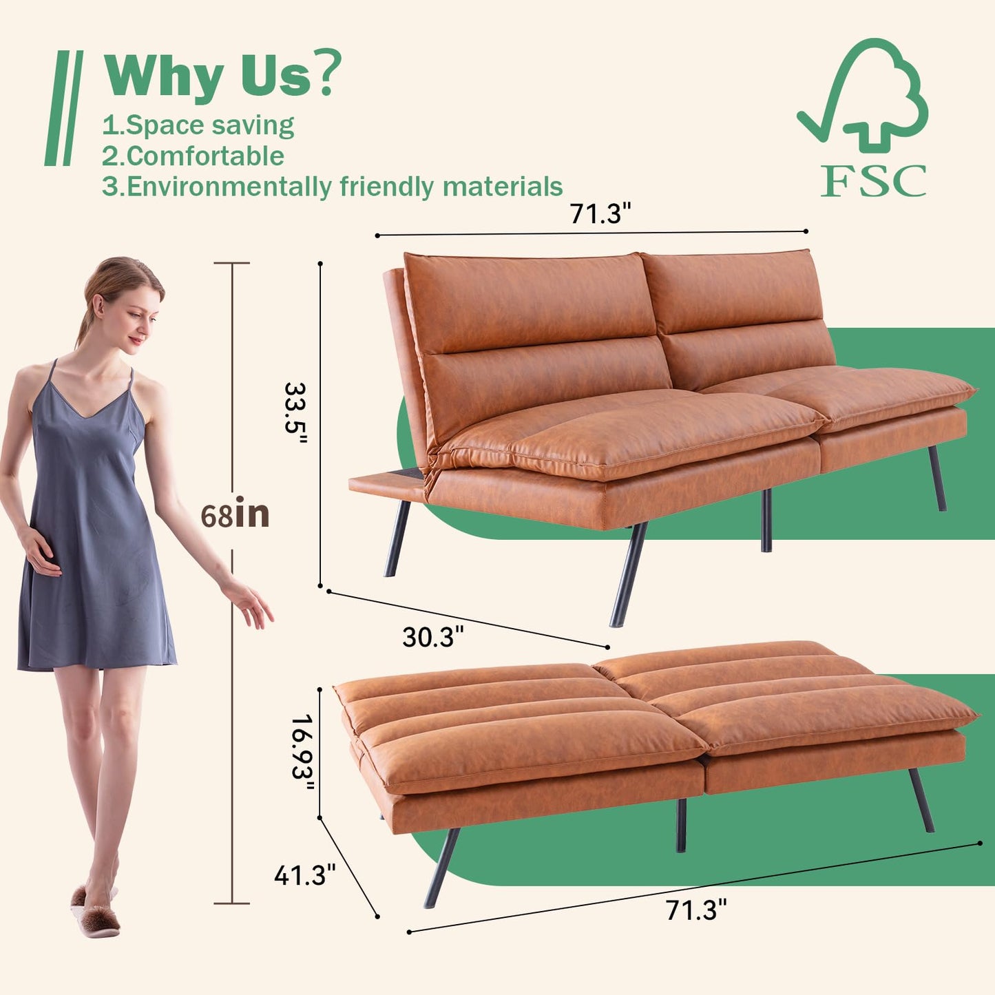 Vyfipt Futon Sofa Bed/Couch,3” Memory Foam Small Splitback Sofa,Faux Leather Modern Loveseat for Living Room,Apartment,Studio,Guest Room,Home Office,71" L (Brown)