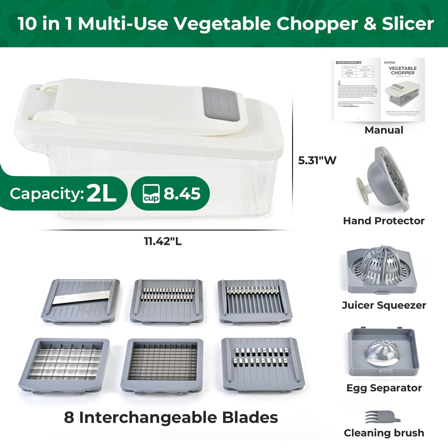 SUSTEAS Vegetable Chopper Mandoline Slicer,6 Blade Pro Food Chopper, Onion Potato Dicer, Veggie Cutter for Salad, Carrot, Cucumber Home Kitchen Gadgets Accessories Essentials(10 in 1, Grayish White)