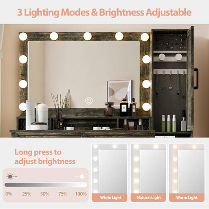 Trygoal Farmhouse Makeup Vanity with Motion Sensor Lights, Rustic Brown Vanity Desk with Mirror, Built-in Charging Station, Wood Dressing Table with 2 Drawers & Acrylic Organizers, 43.3" W