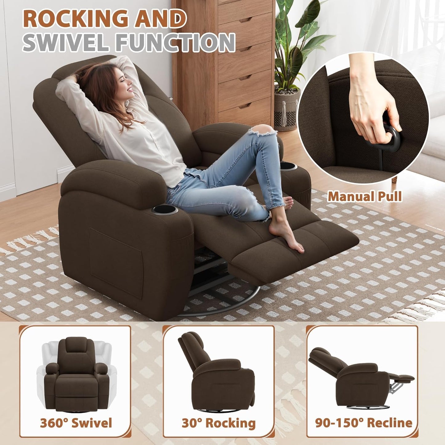 Flamaker Swivel Rocker Recliner Chair with Vibration Massage, 360° Swivel Recliner Chairs for Adults Ergonomic Lounge Chair with Cup Holders Lazy Boy Recliner Single Sofa Seat (Fabric, Brown)