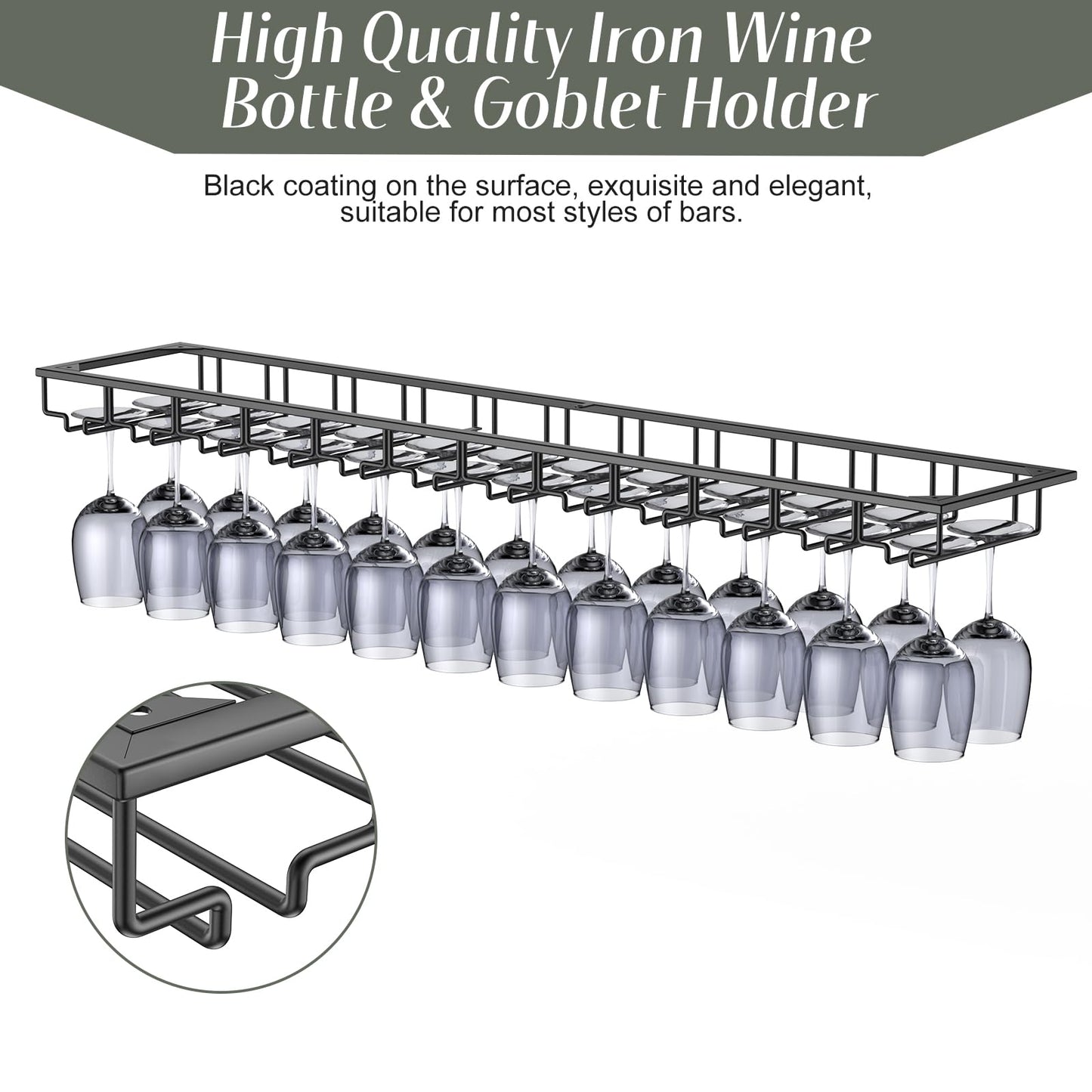 Xverycan Wine Glass Rack Under Cabinet, 12 Row Extreme Large Stemware Hanger, Metal Wine Goblet Holder, DIY Bar Glass Storage Rack for Bar Counter, Kitchen, Screws Included