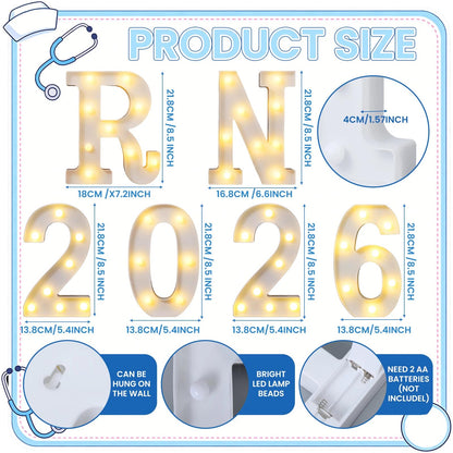 Ganeen 6 Pcs RN 2026 LED Letter Lights Rn Graduation Marquee Light Letters Table Sign Lights up 3D Plastic Letters for Congrats Grad Nursing School Survivor Graduation Party Decorations Supplies