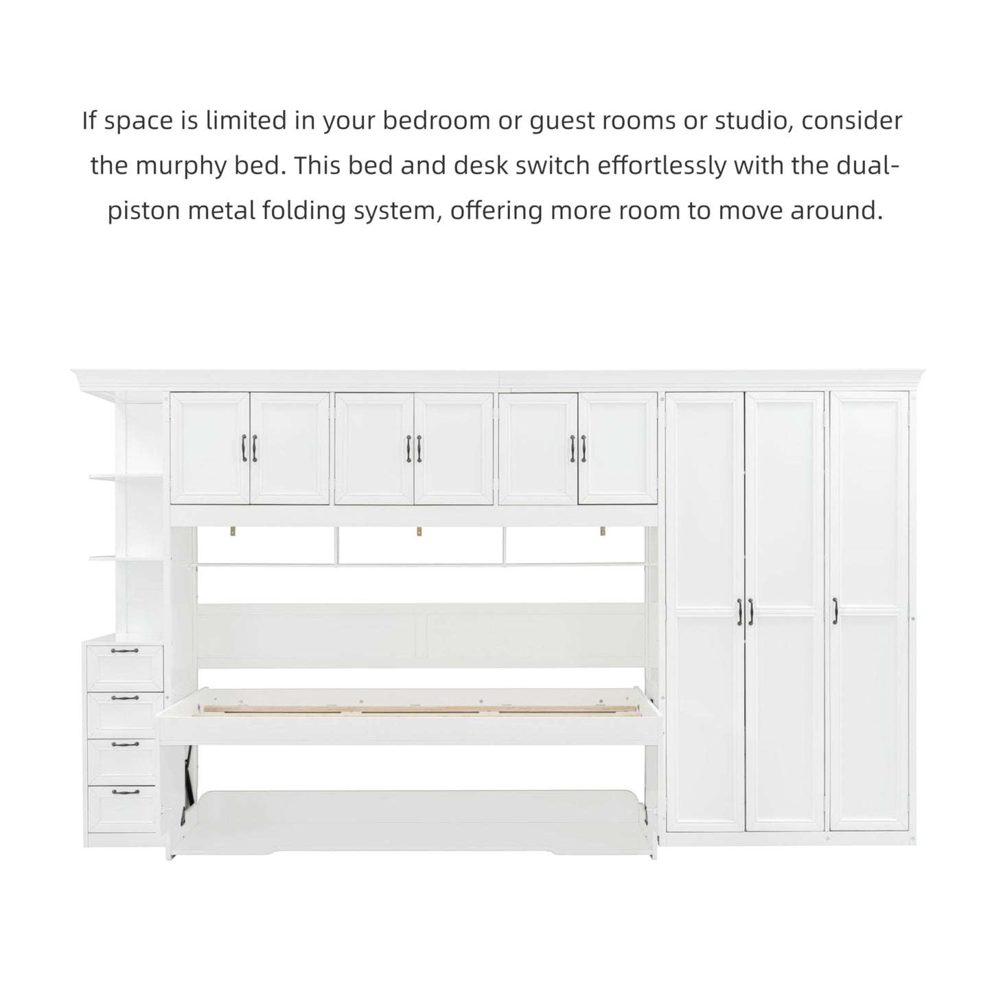 Merax Twin Size Murphy Bed with Desk, Multifunctional Wood Foldable Wall Bed with Wardrobe, Drawers and Cabinet, Space-Saving Hidden Bed for Guest Room Office, No Box Spring Needed, White