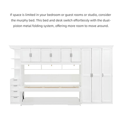 Merax Twin Size Murphy Bed with Desk, Multifunctional Wood Foldable Wall Bed with Wardrobe, Drawers and Cabinet, Space-Saving Hidden Bed for Guest Room Office, No Box Spring Needed, White