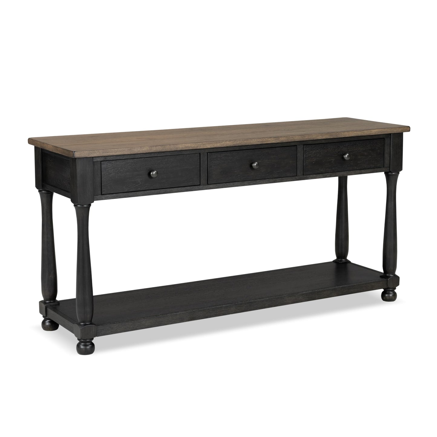 Furniture of America Narella Solid Wood 60-inch Sofa Table with 3 Drawers, Farmhouse Legs and Ball-Bearing Glide for Living Room, Weathered Black