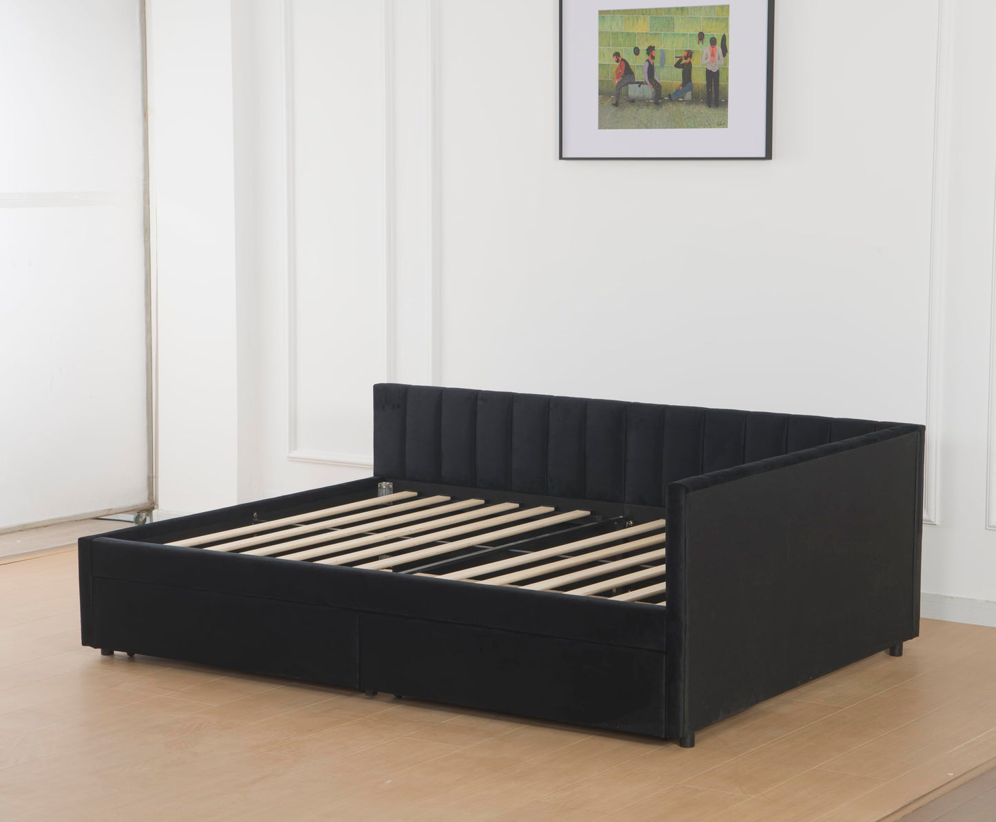 GDFStudio Twin Size Daybed with Trundle, Upholstered Platform Bed Frame with LED Light, Storage Shelves, USB Charging Station, Velvet Twin Bed Frame with Slat Support, No Box Spring Needed, Dark Grey