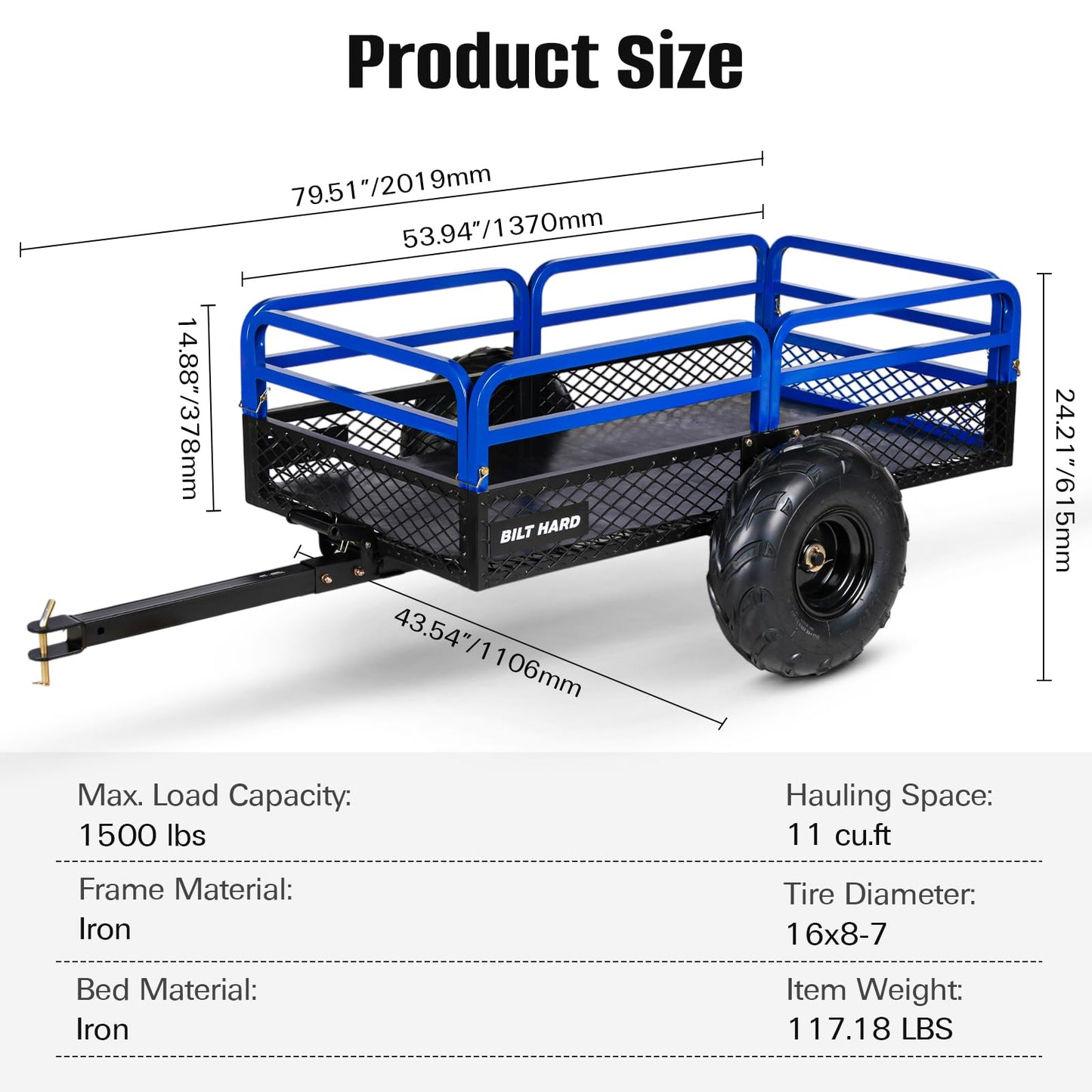 BILT HARD Heavy Duty 1500 lbs Capacity ATV Dump Cart, 11 Cu.Ft Tow Behind Garden Trailer, Pull Behind Yard Dump Trailer for Mowers, Tractor, ATVs