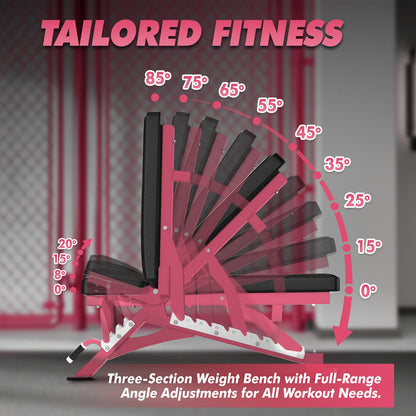 RITFIT Adjustable Weight Bench with Multiple Back Positions for Full Body Workouts, Incline, Decline, and Flat Settings for Home Gym Strength Training, 1300LB Capacity (Pink,with 2x5lb round dumbbells)