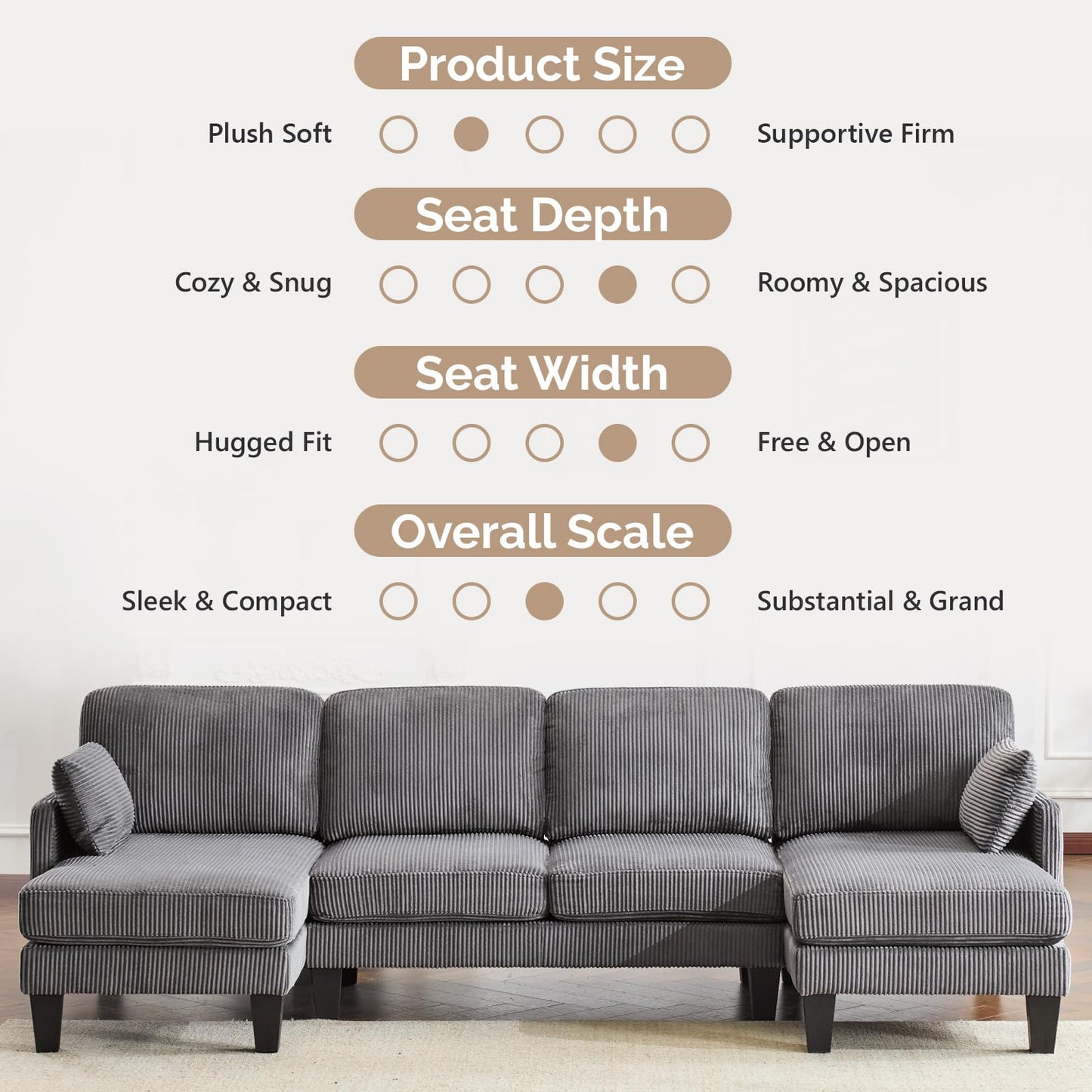 VINGLI 108" W U-Shaped Sectional Couches for Living Room, Sturdy Wooden Armrest Corduroy Cloud Couch with Double Chaise, High Support Modern 4-Seat Sectional Sofa for Apartment, Offices, Dark Grey