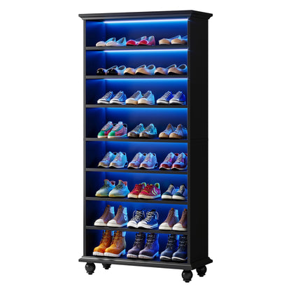 Tribesigns Narrow Tall Shoe Cabinet with LED Lighting, 9-Tier 30 Pairs Freestanding Shoes Storage Cabinet, Wood Shoe Organizer Cabinet with Solid Wooden Legs for Entryway (2, Black)