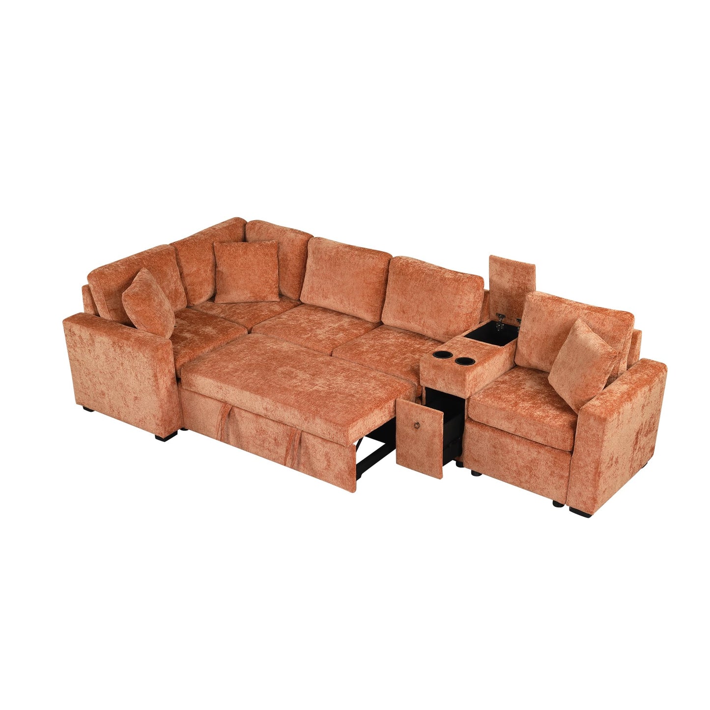 Merax 120.5" L-Shaped Sectional Sofa, Modular Convertible Couch Reversible Sleeper with Pull-Out Bed, Cup Holders, and Ample Storage for Living Room, Orange