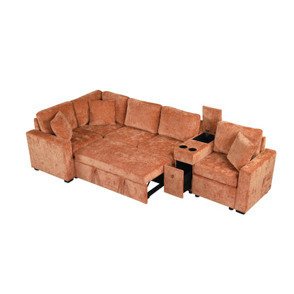 Merax 120.5" L-Shaped Sectional Sofa, Modular Convertible Couch Reversible Sleeper with Pull-Out Bed, Cup Holders, and Ample Storage for Living Room, Orange