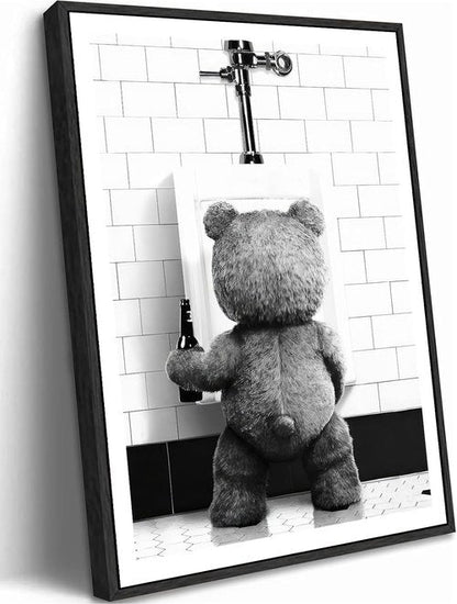 Funny Teddy Bear Wall Art - Black and White Bathroom Decor | 8x10in Print for Movie Fans