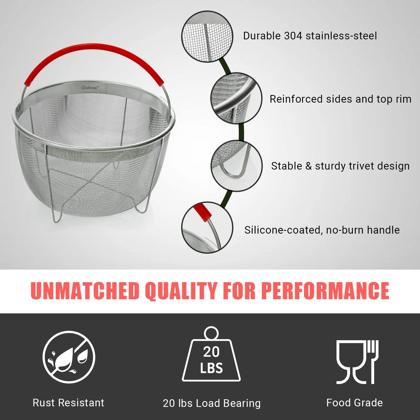 Original Salbree Steamer Basket for 8 qt quart Instant Pot Accessories, Stainless Steel Strainer and Insert fits IP Insta Pots, Instapot, Other Pressure Cookers, with Silicone Handle [3qt 6qt avail]