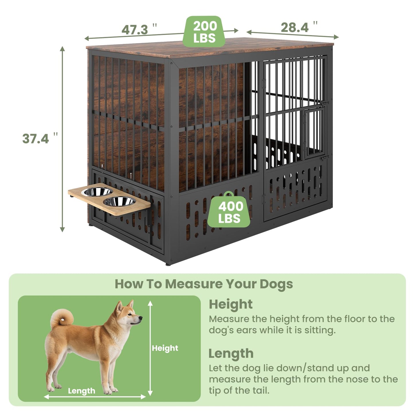 Yafylly 48 Inch XXL Dog Crate Furniture, Wooden Chewproof Dog Kennel with Interactive Window, 360° Adjustable Bowls (5 Heights), Storage Table Top, Heavy Duty XL Dog Crate for Medium Large Dogs, Brown