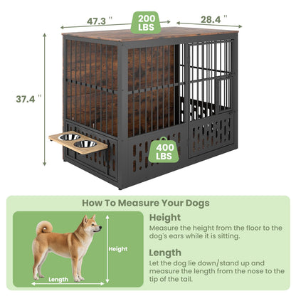 Yafylly 48 Inch XXL Dog Crate Furniture, Wooden Chewproof Dog Kennel with Interactive Window, 360° Adjustable Bowls (5 Heights), Storage Table Top, Heavy Duty XL Dog Crate for Medium Large Dogs, Brown