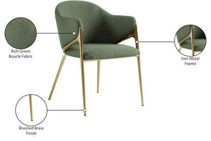 Meridian Furniture 559Green-C Nial Collection Modern | Contemporary Dining Chair with Rich Green Boucle Fabric, Iron Frame in Brushed Brass Finish, 22.5" W x 24.5" D x 31.5" H, Green, Set of 2