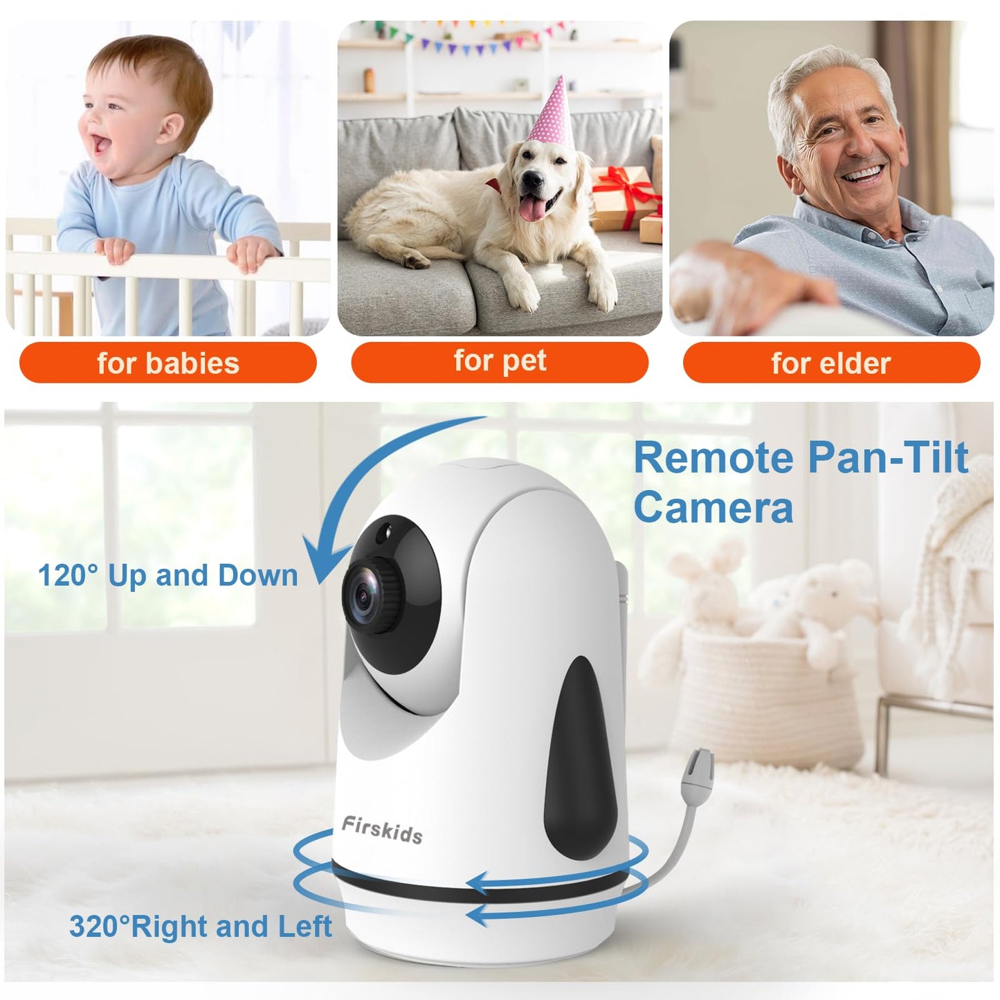 Firskids Baby Monitor, 5” Video Baby Monitor with Camera and Audio no WiFi, Pan Tilt Zoom Camera,32-Hour Battery, 2 Way Talk Temp Sensor Auto Night Vision, Suitable for Monitor Baby and Elderly