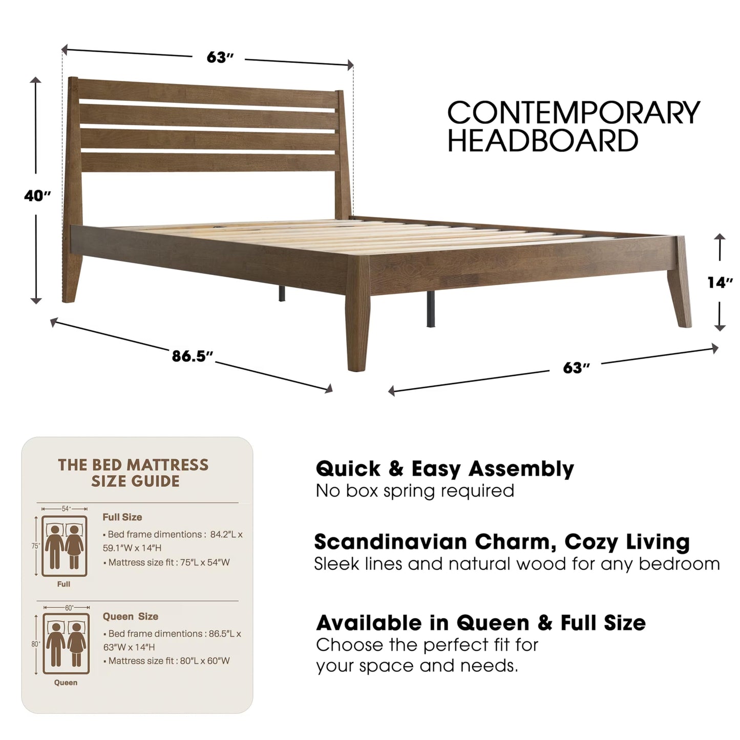 Queen Size Bed Frame, Solid Wood Platform Bed with Headboard & Footboard, Center Metal Legs, 12 Strong Slatted Base, No Box Spring Needed, Anti-Noise & Slip-Free Easy Assembly, Barnwood Finish RKQ-30