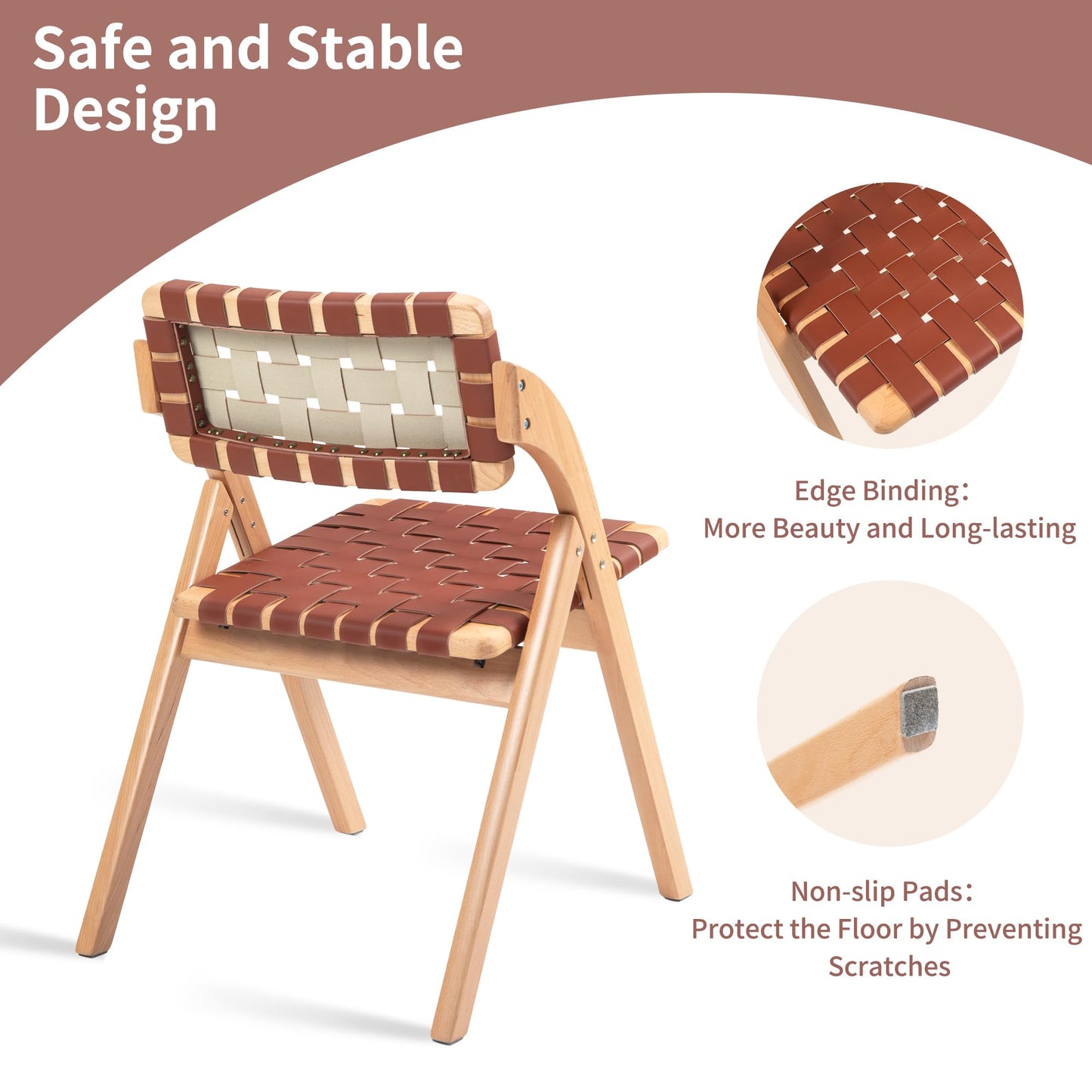 HOMEFUN Folding Dining Chairs Set of 2, Wooden Foldable Chair with Leather-Woven Backrest and Widened Seat Extra for Guests Kitchen Office Wedding Picnic Brown