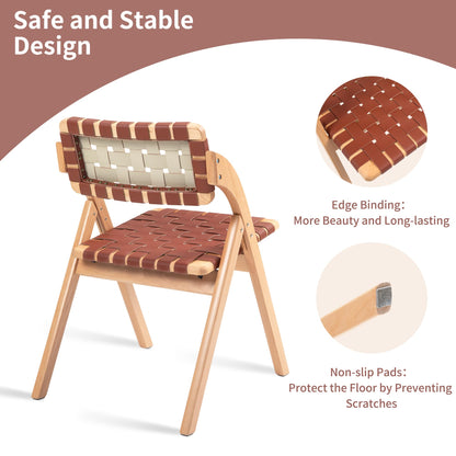 HOMEFUN Folding Dining Chairs Set of 2, Wooden Foldable Chair with Leather-Woven Backrest and Widened Seat Extra for Guests Kitchen Office Wedding Picnic Brown
