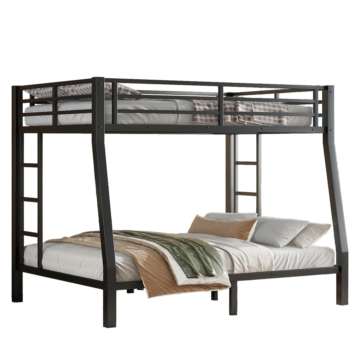 Bellemave Full XL Over Queen Bunk Bed with High Guardrail & Under-Bed Storage, Heavy Duty Metal Bunk Beds Frame with 2 Side Ladders, Full Over Queen Bunk Bed for Adults, No Box Spring Needed, Black