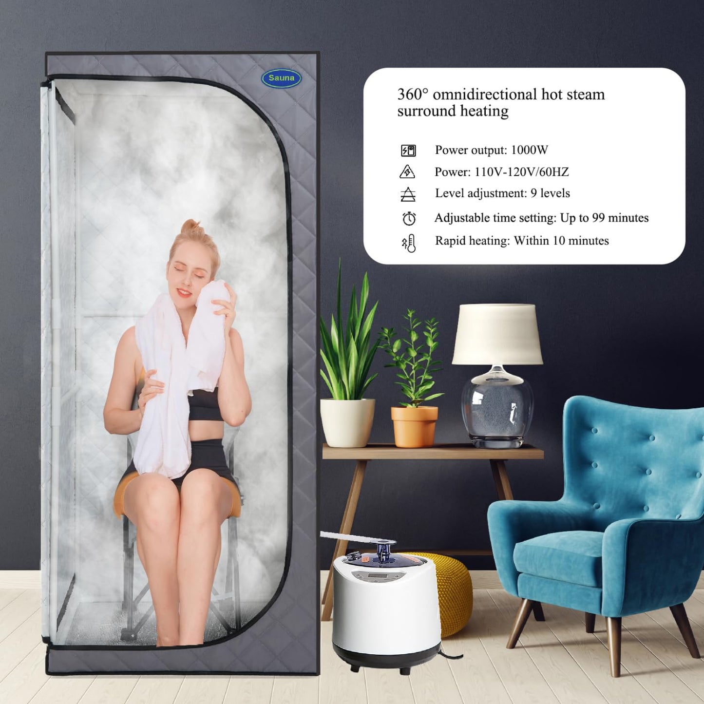 Full Size Portable Grey Steam Sauna Tent–Personal Home Spa, with Steam Generator, Remote Control, Foldable Chair, Timer and PVC Pipe Connector Easy to Install.Fast Heating, with Fcc Certification
