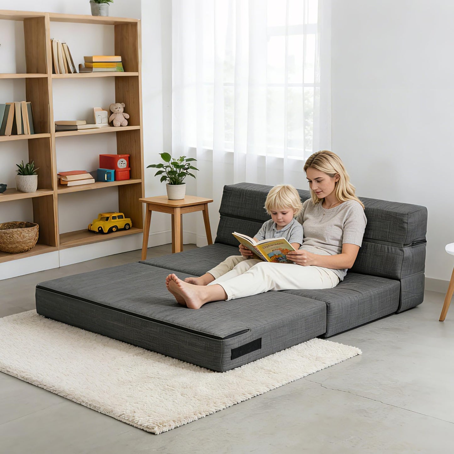 ANONER 60" Fold Sofa Bed Couch Memory Foam with 2 Pillows Futon Sleeper Chair Guest Bed and Fold Out Couch, Washable Cover Queen Size, Dark Gray