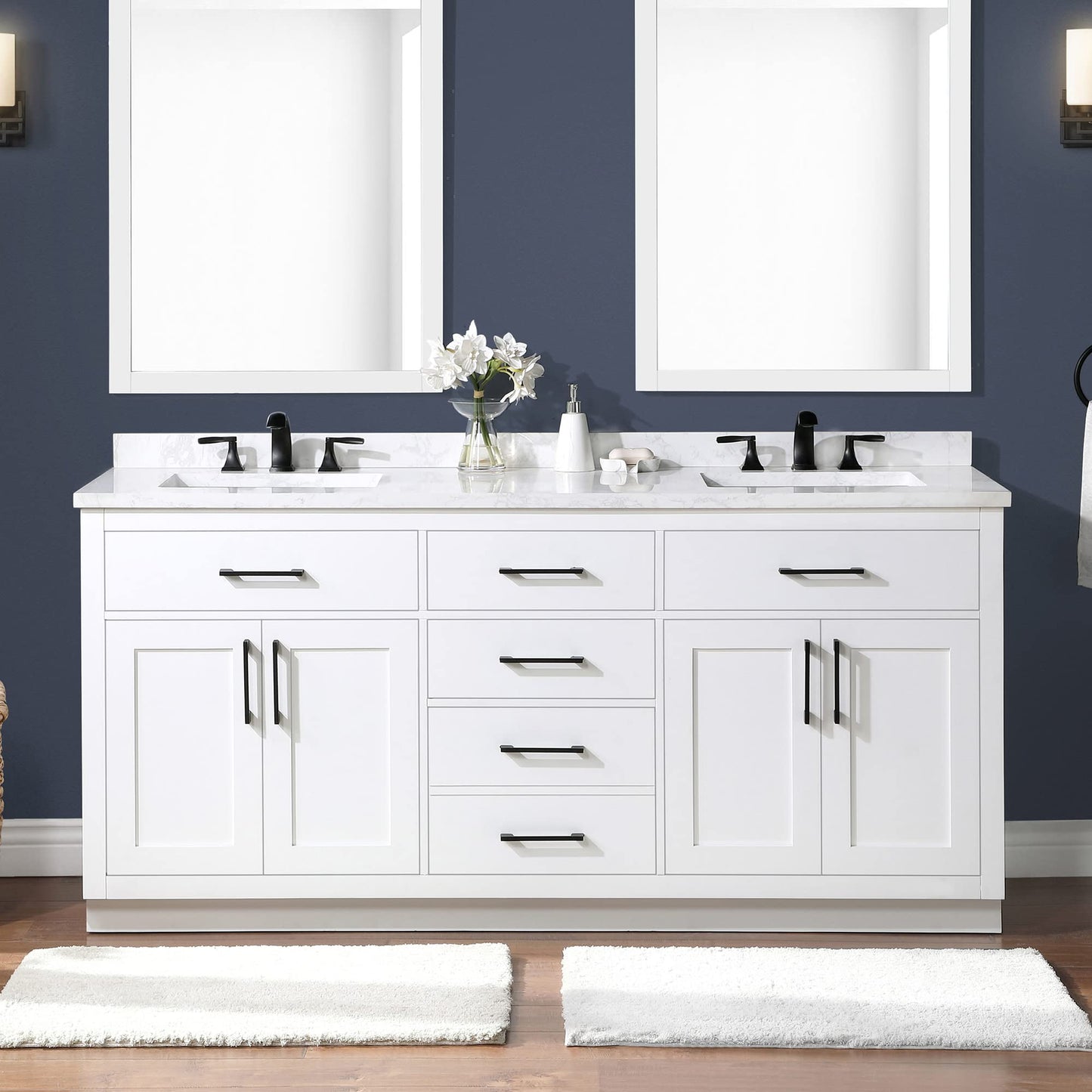 OVE Decors Athea 72" Double Undermount Sink Bathroom Vanity with Cultured Marble Countertop, Backsplash, Power Bar, in Almond Latte Finish