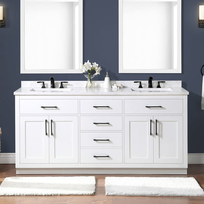 OVE Decors Athea 72" Double Undermount Sink Bathroom Vanity with Cultured Marble Countertop, Backsplash, Power Bar, in Almond Latte Finish