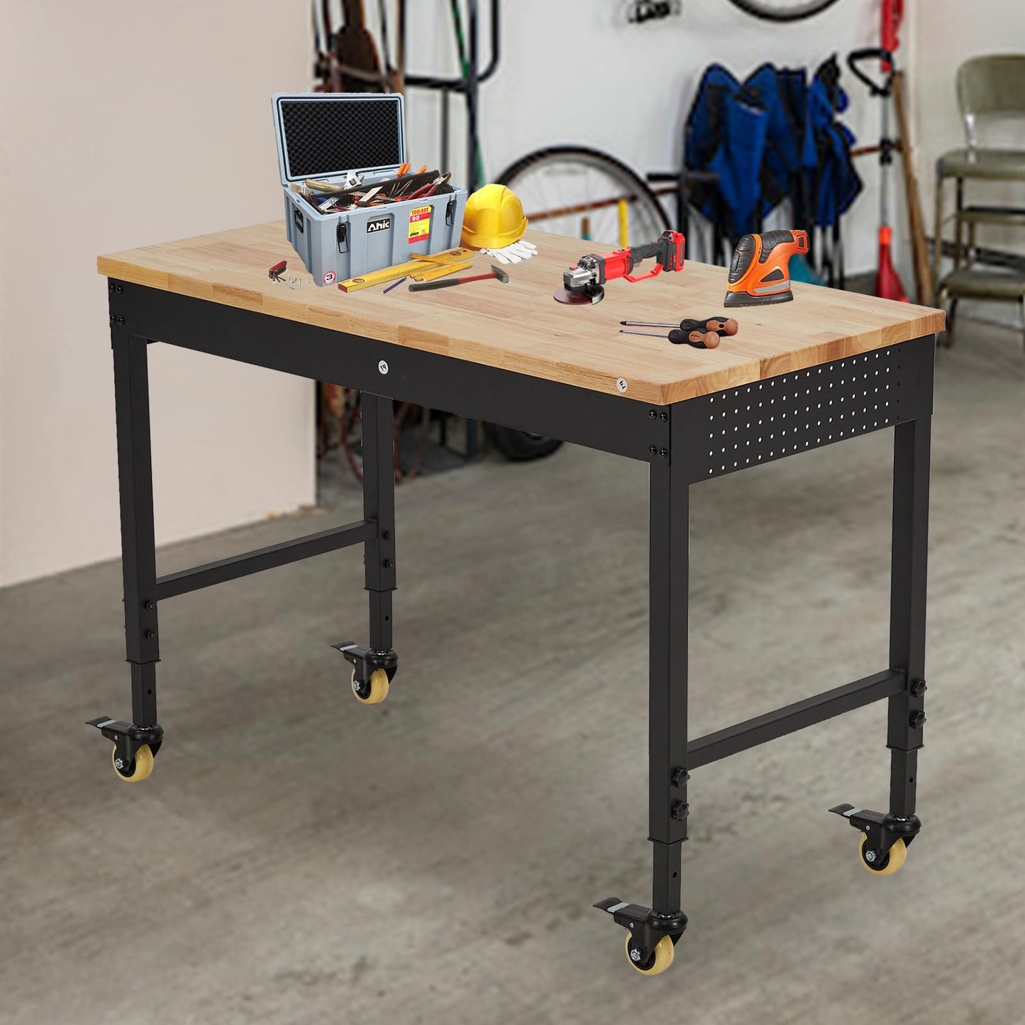 Garvee 72 x 25 Inch Adjustable Workbench, Heavy-Duty Workbench with a 2000 lb Load Capacity, Metal Frame with Power Outlets & Casters, Rubberwood Top Workbench for Workshops, Garages