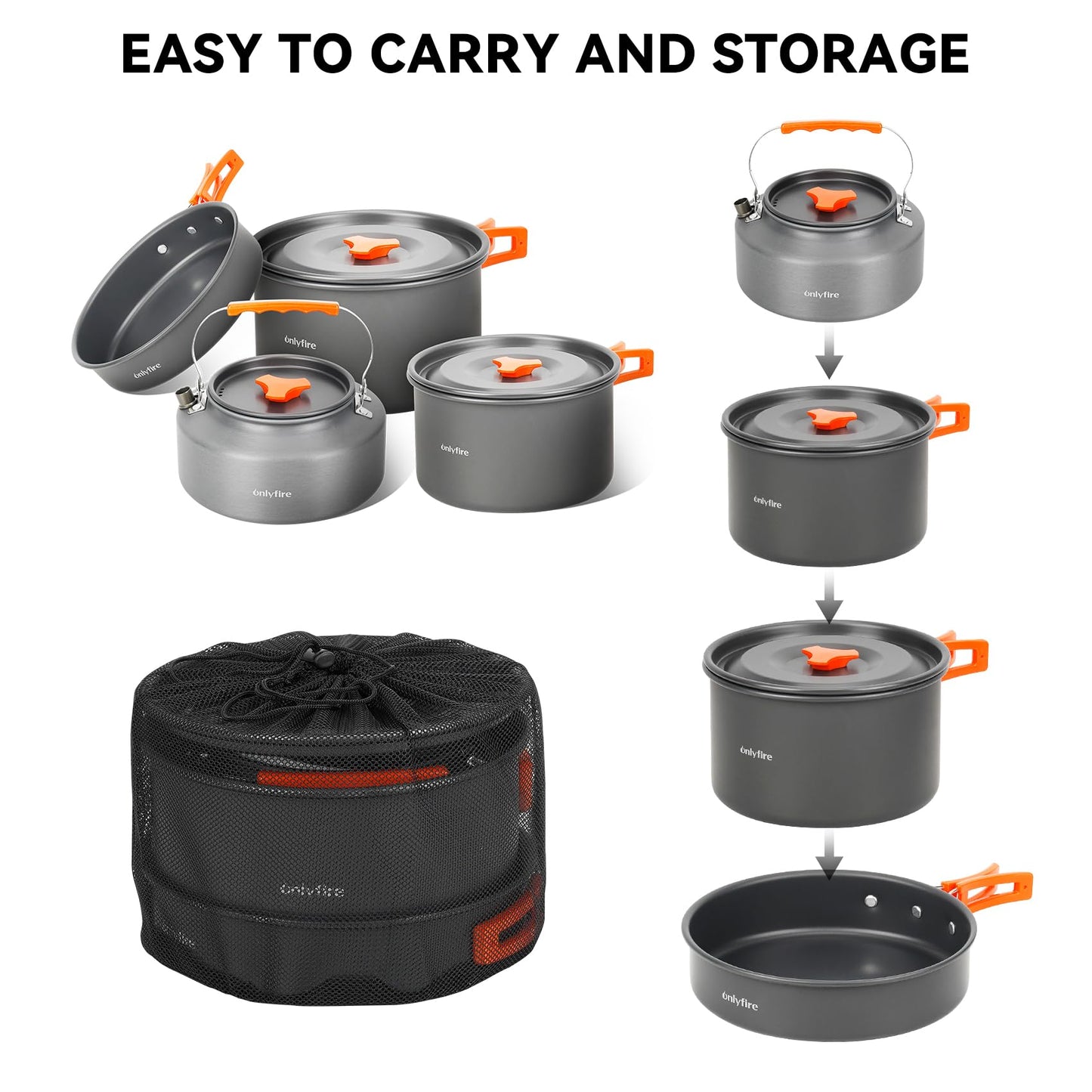 ONLYFIRE OUTDOOR LIVING14pcs Camping Cookware Set, Lightweight Nonstick Pots, Pan, Kettle, Utensils, Bowls, and Cleaning Tool with Mesh Bag for Camping Hiking Backpacking RV Tailgating Cooking, CT604