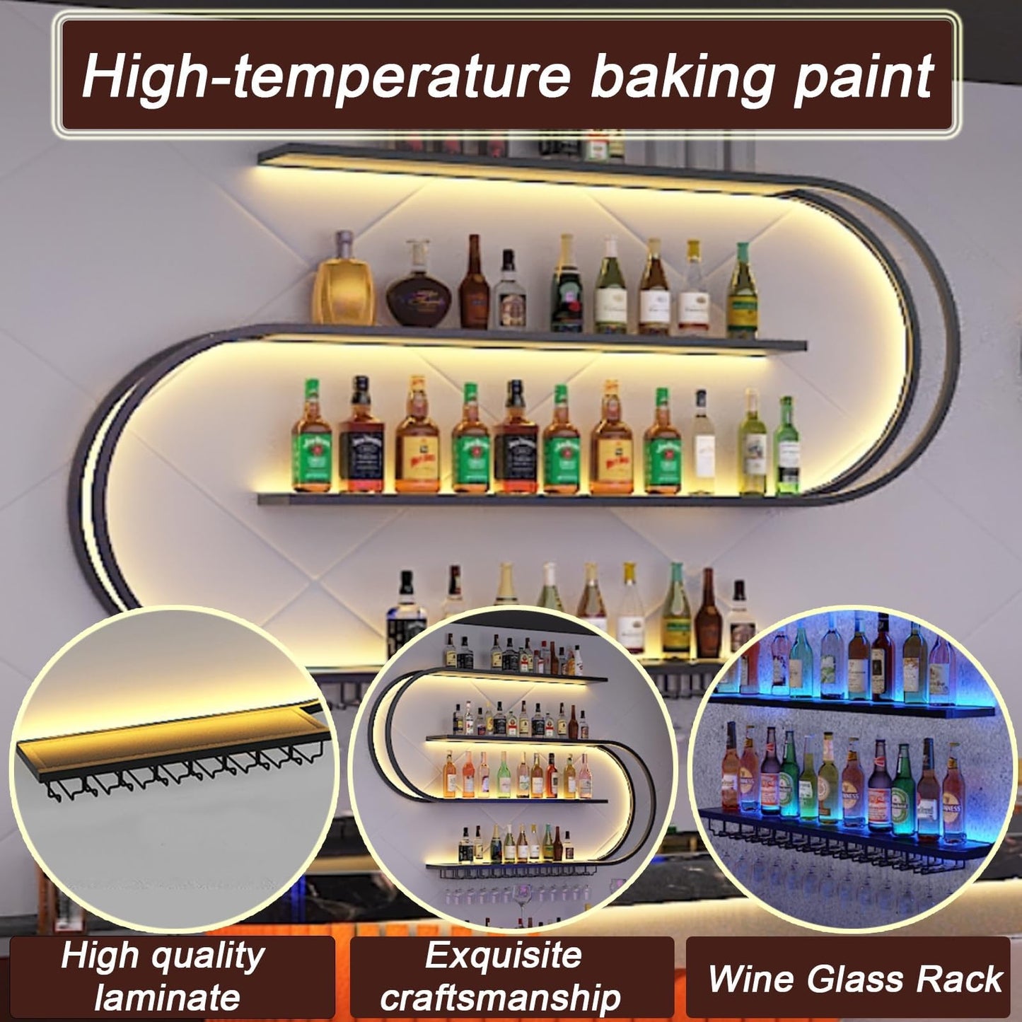 amhricho Wall Mounted Wine Rack with LED Light, Half Round Multi Tier Wine Rack with Wine Glass Hooks, Iron Wine Bottle Display Rack for Kitchen, Bar, Cafe (Black, 94.5 * 7.87 * 47.2INCH)