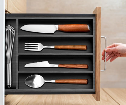 Ayiaren Small Wooden Silverware Organizer, Narrow Kitchen Utensil Drawer Insert for Spoon and Forks (Black Wood)