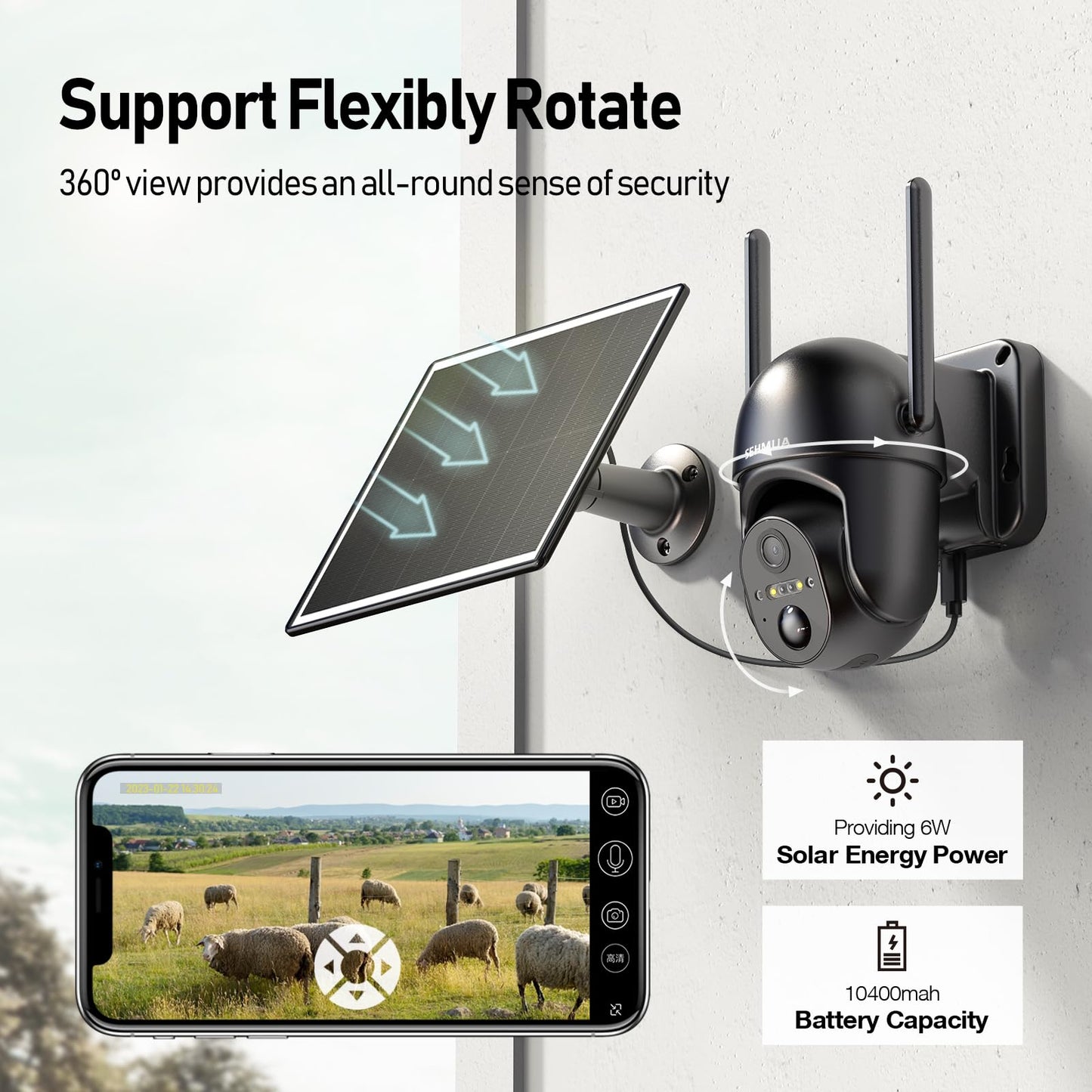 SEHMUA Solar Security Cameras Wireless Outdoor, 2K 360° View Battery Powered Outdoor Camera, WiFi Home Security with Spotlight Color Night Vision, PIR Sensor