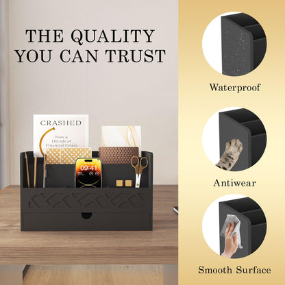 Bamboo Mail Organizer Countertop Desktop with Drawer - Desk Organizer with File Organizer for Office Supplies All-in-One Desk File Organization with Pencil Holder for Paper Letter Envelope Bill
