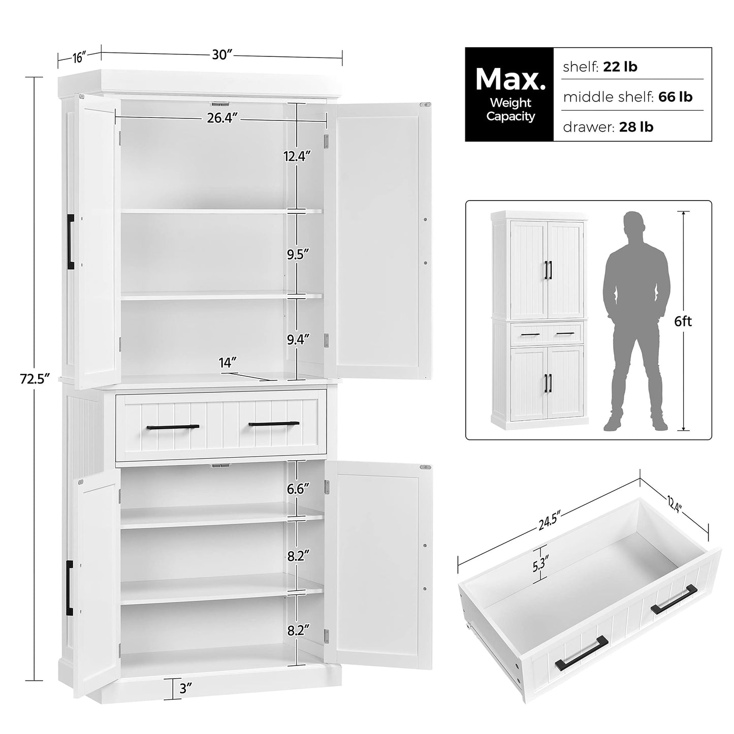 Yaheetech 72.5" Bathroom Floor Cabinet Wooden Storage Organizer with 4 Doors and 1 Drawer, Free-Standing Cupboard for Kitchen/Living Room/Bathroom Use, White