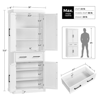 Yaheetech 72.5" Bathroom Floor Cabinet Wooden Storage Organizer with 4 Doors and 1 Drawer, Free-Standing Cupboard for Kitchen/Living Room/Bathroom Use, White