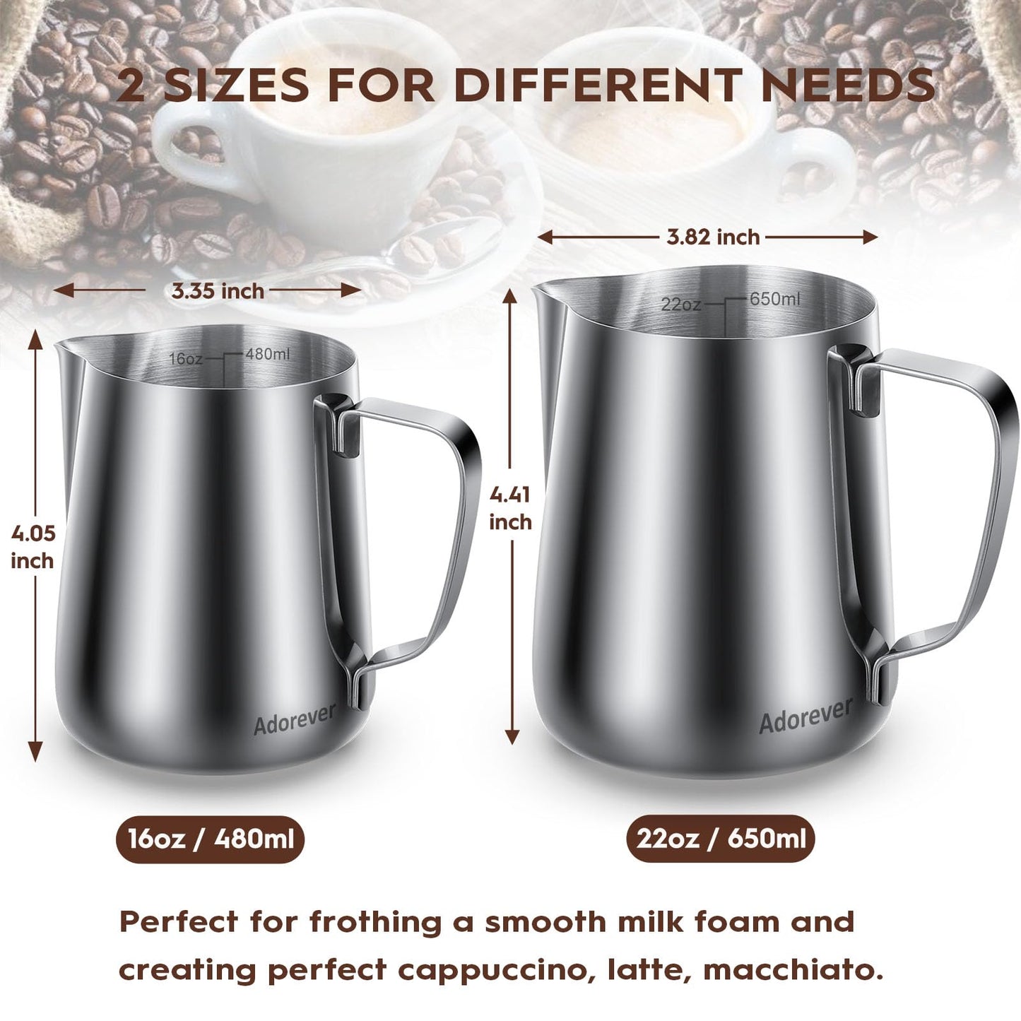 Adorever Milk Frothing Pitcher, 16oz 480ml Milk Frother Cup Stainless Steel Steaming Pitcher, Coffee Bar Cappuccino Espresso Machine Accessories Barista Tools, Steamer Cup Milk Jug with Latte Art Pen