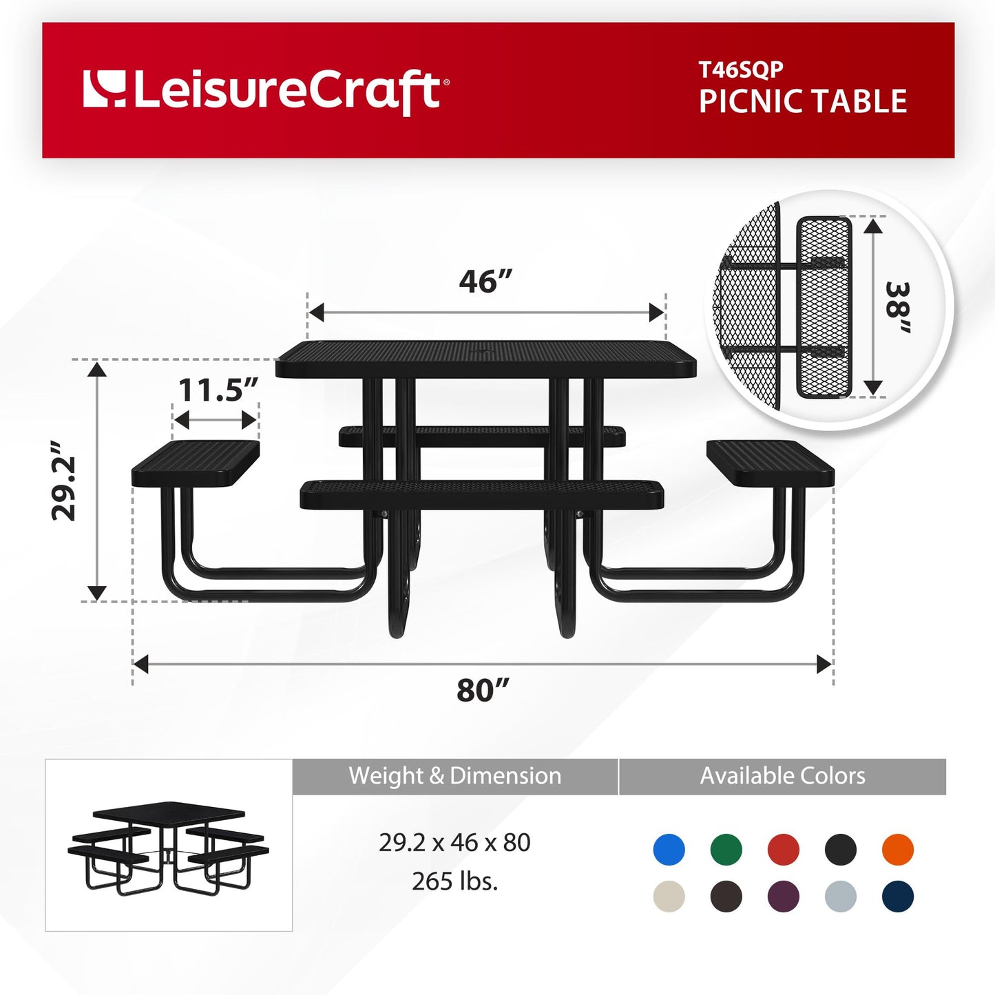 Leisure Craft Metal Picnic Table with Bench - 46" Square Outdoor Dining Table for 8 with Umbrella Hole, Weatherproof Heavy Duty Thermoplastic Coating, Commercial Grade Furniture Made in USA - Black