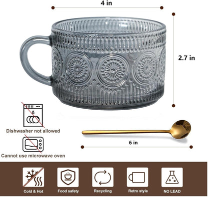 14 Oz Set 2 Vintage Glass Coffee Mugs, of Embossed Glassware Tea Cups for Breakfast, Dessert, Cappuccino, Latte
