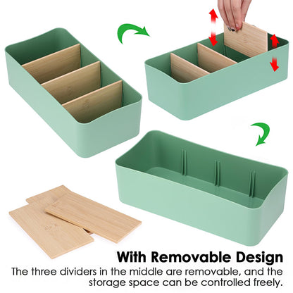 BSTKEY Seasoning Packet Organizer, Food Storage Organizer with Divided 4 Bamboo Wood Compartments, Green Plastic Storage Caddy for Pantry Cabinet, Kitchen Organization Bin for Snacks Spice Packets