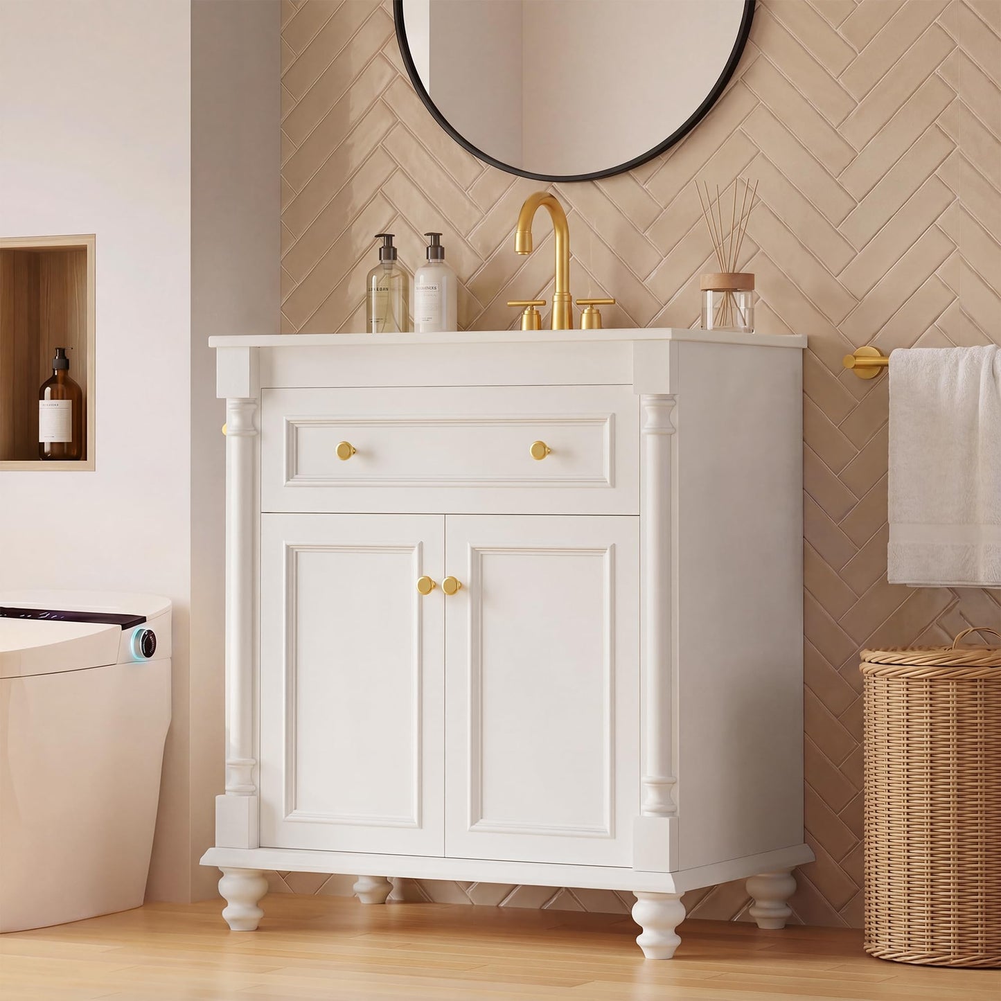 YESHOMY 30" Bathroom Vanity with Sink, Freestanding Bathroom Vanity with Integrated Ceramic Basin, 1 Flip-Down Drawer, 2 Doors & Adjustable Shelf, Bathroom Storage Cabinet with Sink Combo Set, White