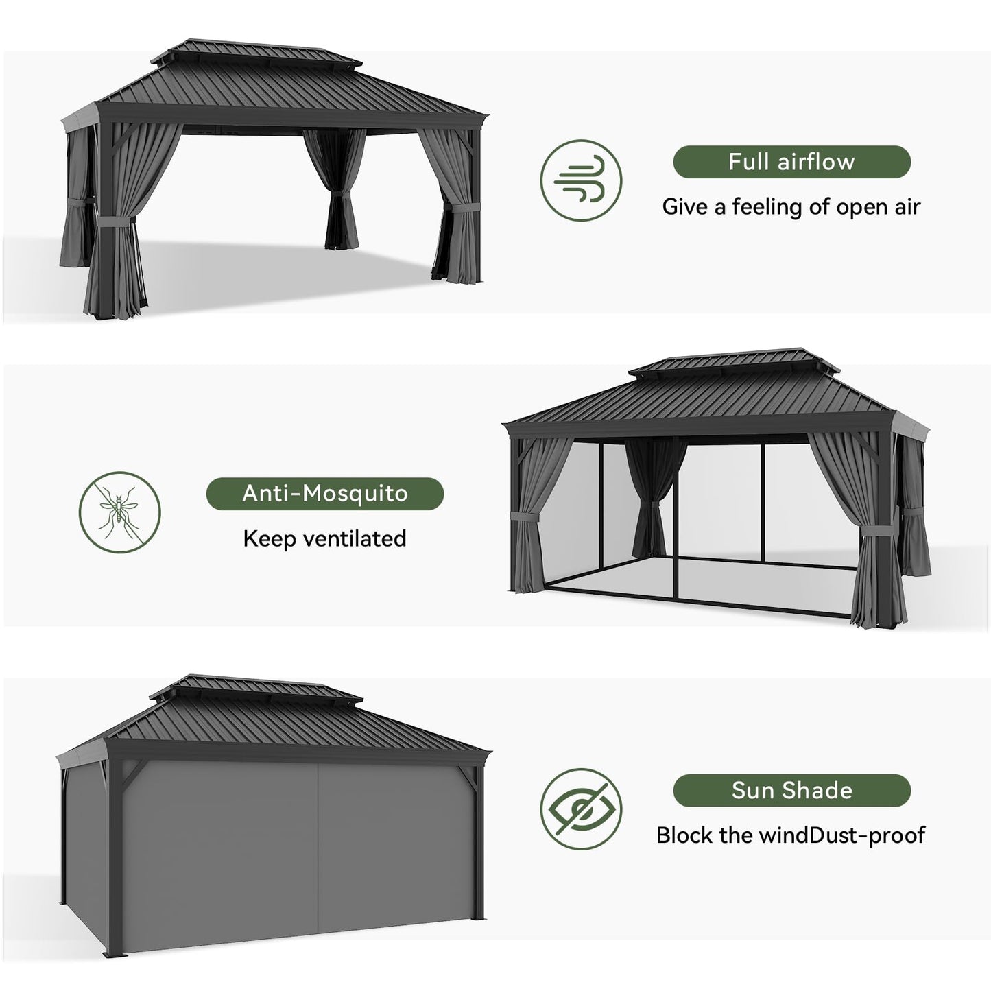 Aoxun 12' X 16' Hardtop Gazebo with Drainage System, Aluminum Outdoor Gazebo with Galvanized Steel Double Roof, Patio Permanent Metal Pavilion with Netting, for Garden, Deckyard, Grey