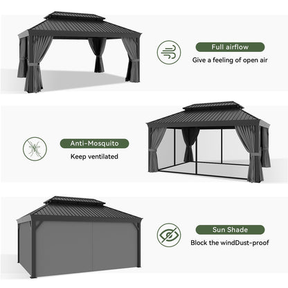 Aoxun 12' X 16' Hardtop Gazebo with Drainage System, Aluminum Outdoor Gazebo with Galvanized Steel Double Roof, Patio Permanent Metal Pavilion with Netting, for Garden, Deckyard, Grey