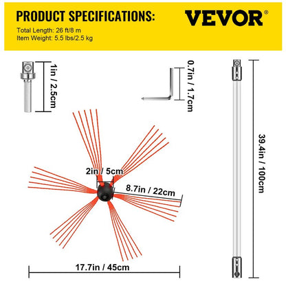VEVOR Chimney Sweep Kit 26FT - Drill-Powered Brush with 8 Nylon Rods, Flexible Cleaning Tool for Fireplace & Flue