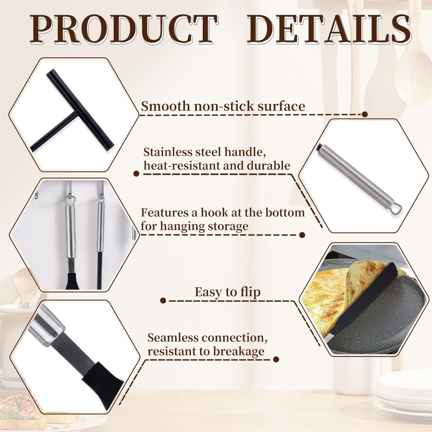 2Sets Crepe Spreader Spatula Kit - 4Pcs Total, Non-Stick Nylon Pancake Tools with Stainless Steel Handles, Non-Scratch for Home Use, Multipurpose for Breakfast, Thin/Egg/Corn Pancakes (Black)